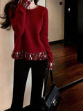 French High-End Fine Shiny Red Knitted Shirt Women 2025 Winter New Fashion Elegant Top