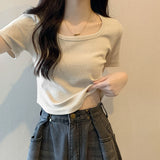 Solid Color French Style Collar Hottie Milk Apricot Short-Sleeved Blouse Spring And Summer Pure-Want T-Shirt Girls Body-In-Body Shirt