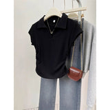 Design Feel Waist Polo Collar Front Shoulder Short-Sleeved Women's Top Summer Hottie V Collar Slimy T-Shirt