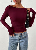 Women's Long Sleeve 2025 Autumn Word Collar Basic T-Shirt Casual Rib Knitted Corrugated Tribs