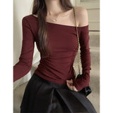 Pure Lusty Oblique Shoulder Sexy Side-Shoulder Blue Long-Sleeved T-Shirt Girl Early Autumn New White Folds To The Bottom Of The Blouse
