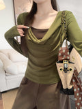 Green Fake Two Sweet Hot Girls Slanted Shoulder Collar Slimming On The Shoulder Long-Sleeved T-Shirt Girl Autumn Bottom Shirt