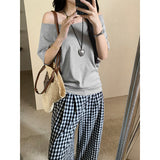 One-Word Shoulder Gray 220G Heavy Cotton Short-Sleeved T-Shirt Girl With Languid Summer Slouching Loose Slanted Shoulders