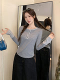 Half-Necked Bumpy Stripe Spliced Long-Sleeved T-Shirt Top Women 2026 Autumn New Design Sense Inside The Bottom Shirt