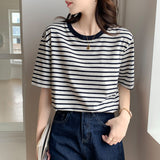 Fresh Green Striped T-Shirt Women's Summer Short-Sleeve 2026 New Loose Round Collar Sympathizes With Niche Clothes