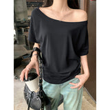 2025 Summer Slack Wind Collared Shoulder T-Shirt Size Fat MM Thin Simple Cotton Top