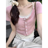 Vintage Red Knitted Shirt Half-Sleeved T-Shirt Women's Round Collar Front Shoulder Short Sleeve Small Top Summer