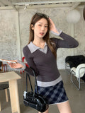 New Color Fake Two Knitted Bottom Shirt Women's Spring Suit With Polo Collar Horn Long-Sleeved Temperament Sweater Top