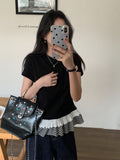 Black Lotus Leaf Side Splicing Short-Sleeved T-Shirt Women's Spring And Summer Chic Design Folded Through The Round Collar Temperament Bottom Shirt