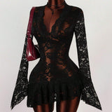 New Women's Vintage Babes Hollow Lace V-Neck Waist Thin Perspective Holiday Dress